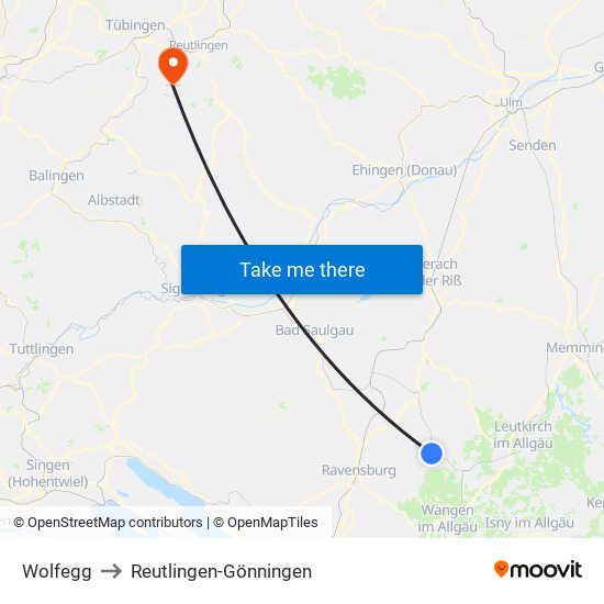 Wolfegg to Reutlingen-Gönningen map
