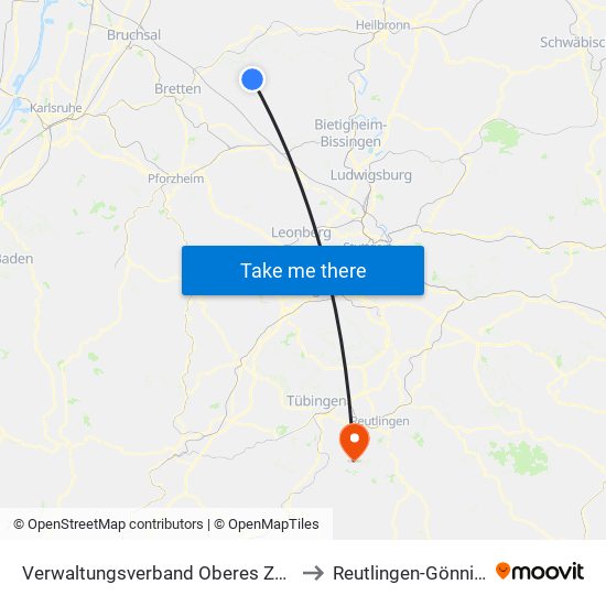 Verwaltungsverband Oberes Zabergäu to Reutlingen-Gönningen map