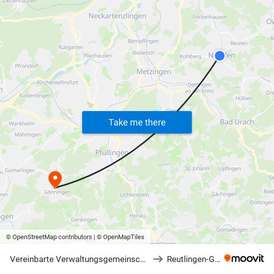 Vereinbarte Verwaltungsgemeinschaft Der Stadt Neuffen to Reutlingen-Gönningen map