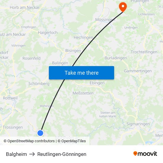 Balgheim to Reutlingen-Gönningen map
