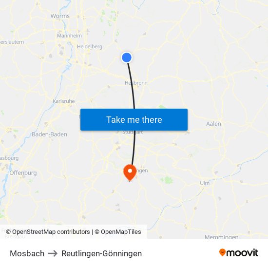 Mosbach to Reutlingen-Gönningen map
