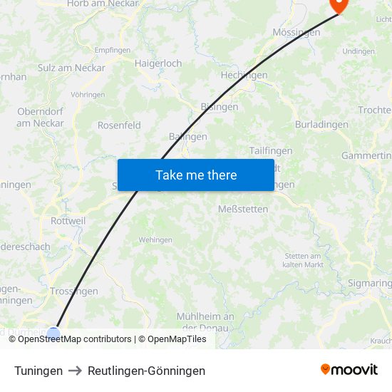 Tuningen to Reutlingen-Gönningen map