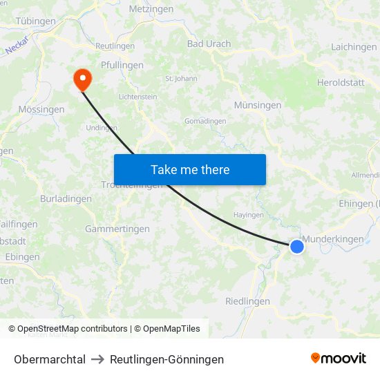 Obermarchtal to Reutlingen-Gönningen map