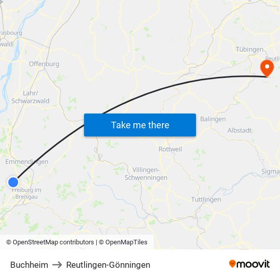 Buchheim to Reutlingen-Gönningen map