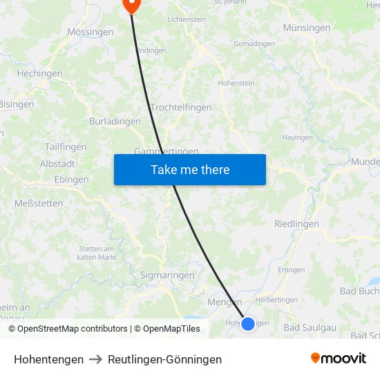 Hohentengen to Reutlingen-Gönningen map