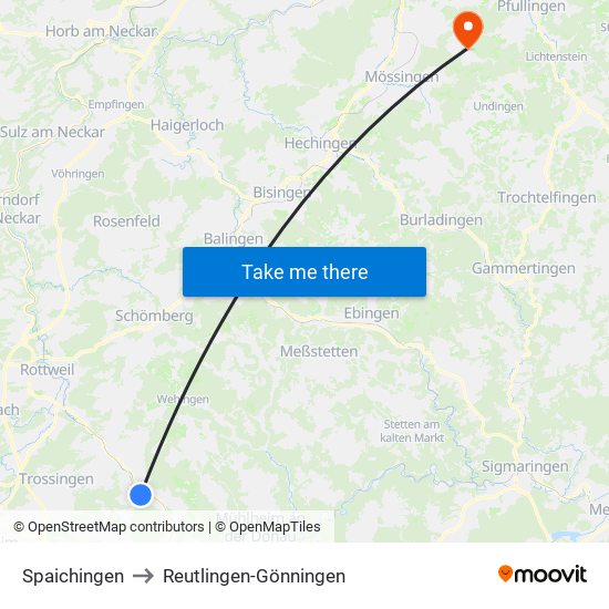 Spaichingen to Reutlingen-Gönningen map
