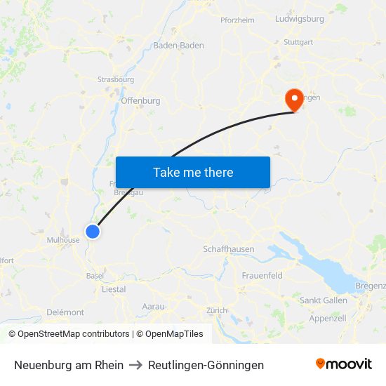 Neuenburg am Rhein to Reutlingen-Gönningen map