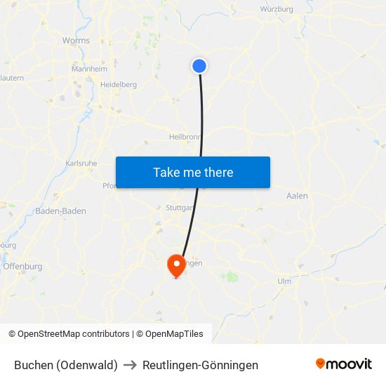 Buchen (Odenwald) to Reutlingen-Gönningen map