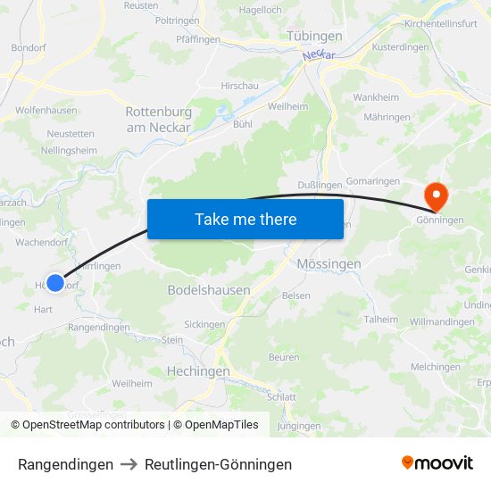 Rangendingen to Reutlingen-Gönningen map