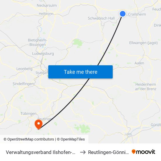 Verwaltungsverband Ilshofen-Vellberg to Reutlingen-Gönningen map