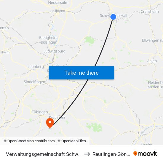 Verwaltungsgemeinschaft Schwäbisch Hall to Reutlingen-Gönningen map