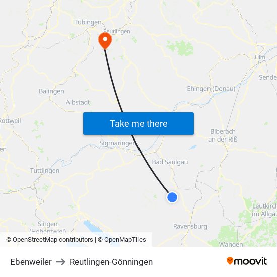 Ebenweiler to Reutlingen-Gönningen map