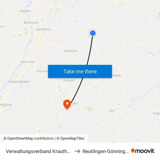 Verwaltungsverband Krautheim to Reutlingen-Gönningen map