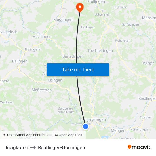 Inzigkofen to Reutlingen-Gönningen map