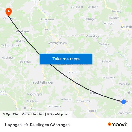 Hayingen to Reutlingen-Gönningen map