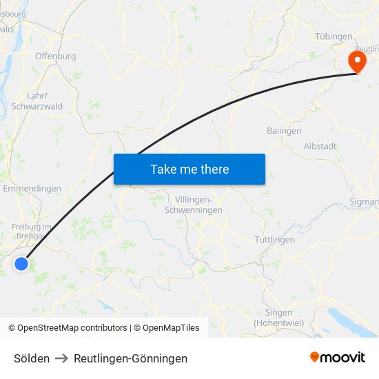 Sölden to Reutlingen-Gönningen map