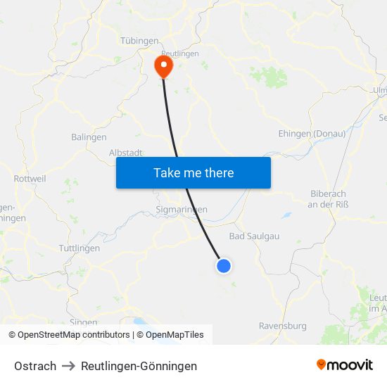 Ostrach to Reutlingen-Gönningen map