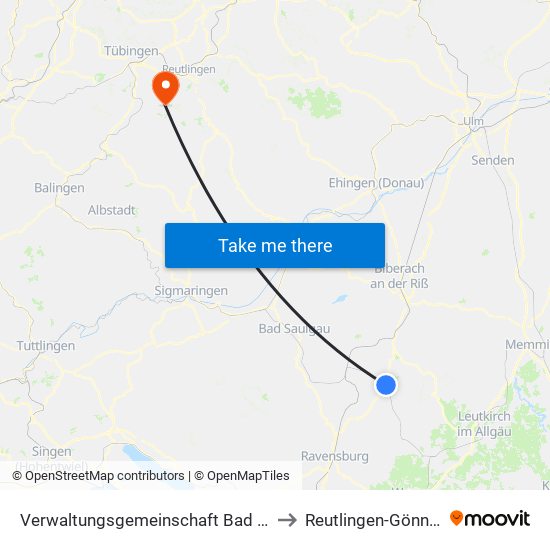 Verwaltungsgemeinschaft Bad Waldsee to Reutlingen-Gönningen map