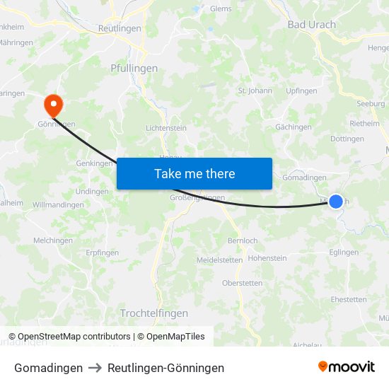 Gomadingen to Reutlingen-Gönningen map