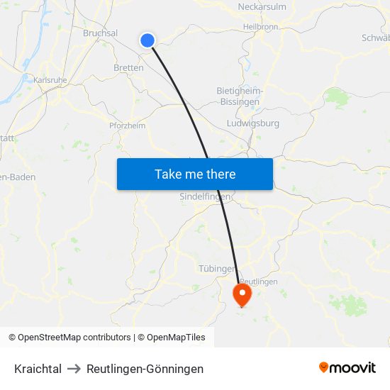 Kraichtal to Reutlingen-Gönningen map