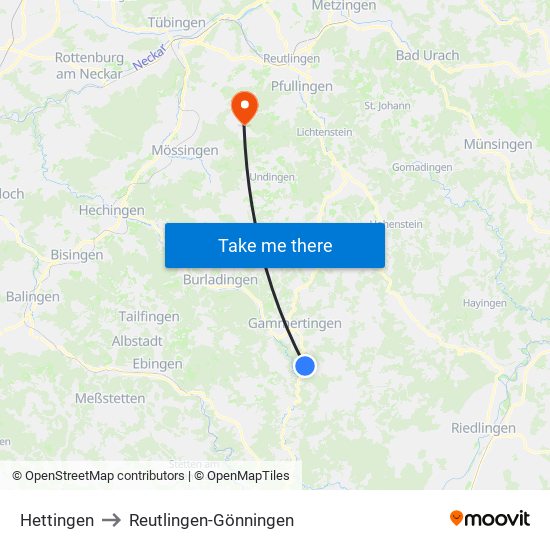 Hettingen to Reutlingen-Gönningen map