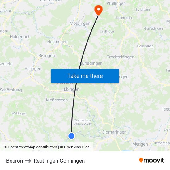 Beuron to Reutlingen-Gönningen map