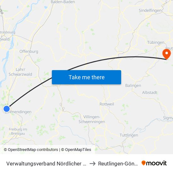 Verwaltungsverband Nördlicher Kaiserstuhl to Reutlingen-Gönningen map