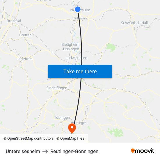 Untereisesheim to Reutlingen-Gönningen map