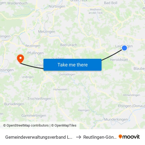 Gemeindeverwaltungsverband Laichinger Alb to Reutlingen-Gönningen map