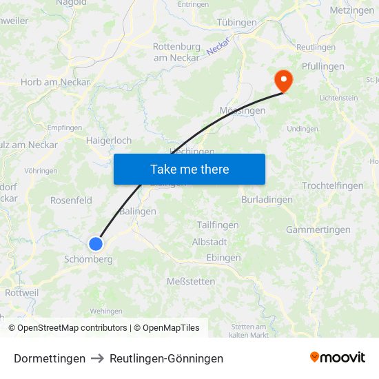 Dormettingen to Reutlingen-Gönningen map