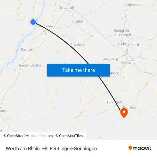 Wörth am Rhein to Reutlingen-Gönningen map