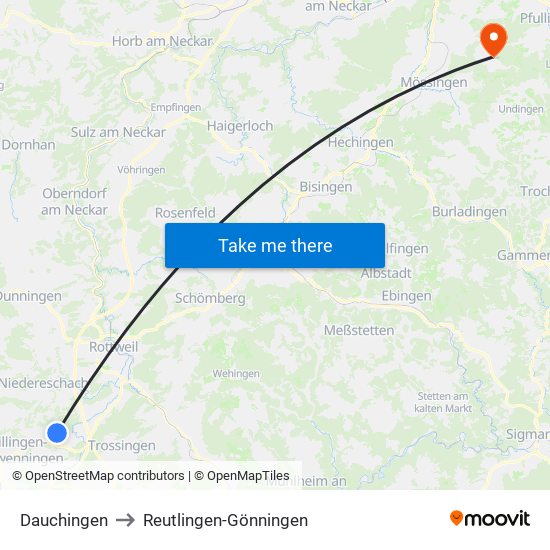 Dauchingen to Reutlingen-Gönningen map