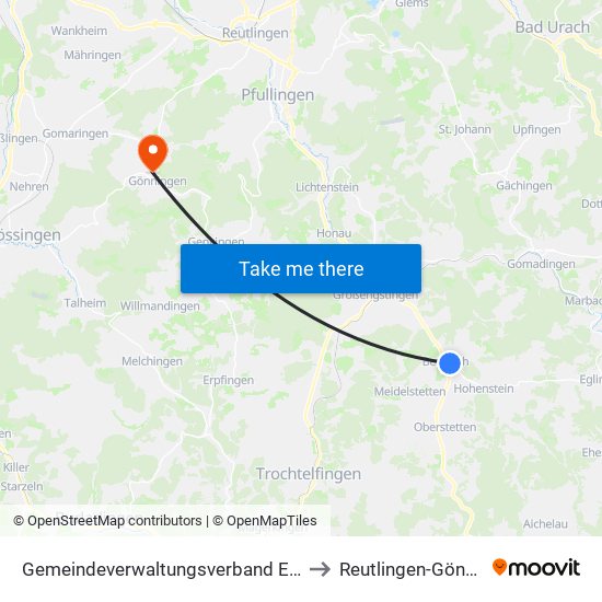 Gemeindeverwaltungsverband Engstingen to Reutlingen-Gönningen map