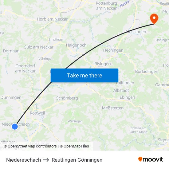 Niedereschach to Reutlingen-Gönningen map