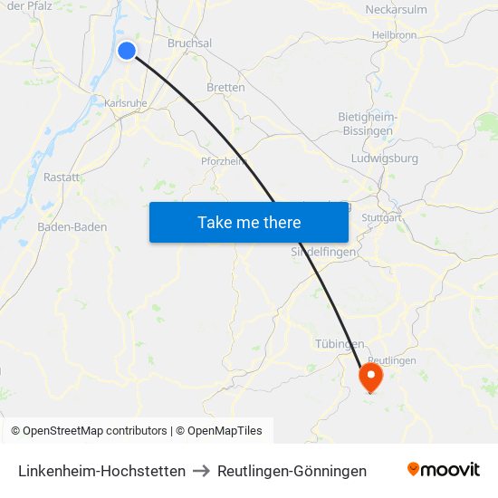 Linkenheim-Hochstetten to Reutlingen-Gönningen map