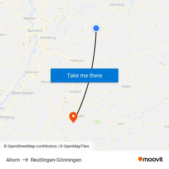 Ahorn to Reutlingen-Gönningen map