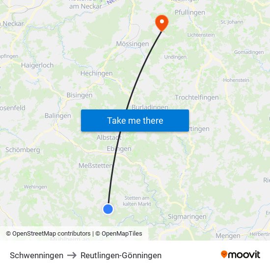 Schwenningen to Reutlingen-Gönningen map