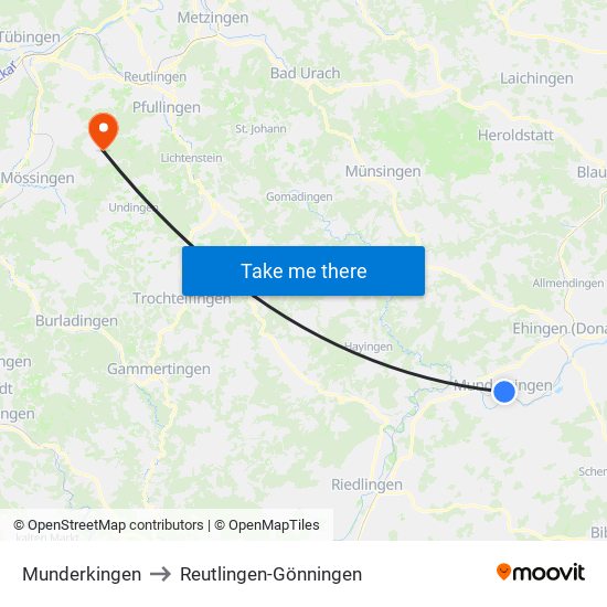 Munderkingen to Reutlingen-Gönningen map