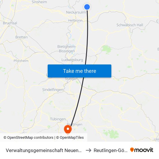 Verwaltungsgemeinschaft Neuenstadt am Kocher to Reutlingen-Gönningen map