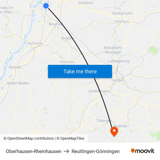 Oberhausen-Rheinhausen to Reutlingen-Gönningen map