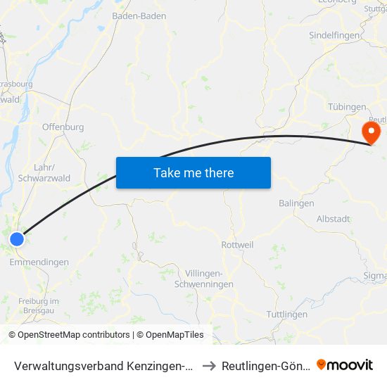 Verwaltungsverband Kenzingen-Herbolzheim to Reutlingen-Gönningen map