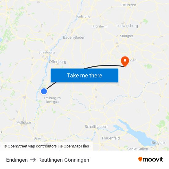 Endingen to Reutlingen-Gönningen map