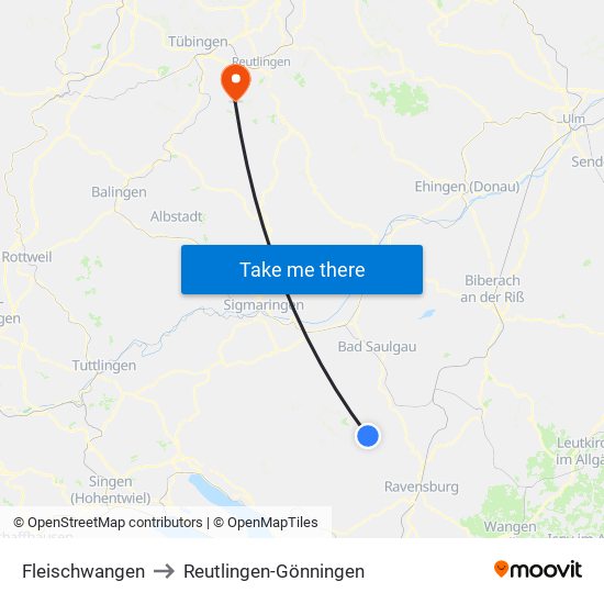 Fleischwangen to Reutlingen-Gönningen map