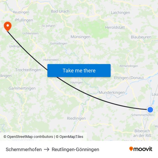 Schemmerhofen to Reutlingen-Gönningen map