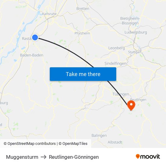 Muggensturm to Reutlingen-Gönningen map