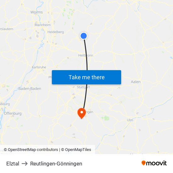 Elztal to Reutlingen-Gönningen map