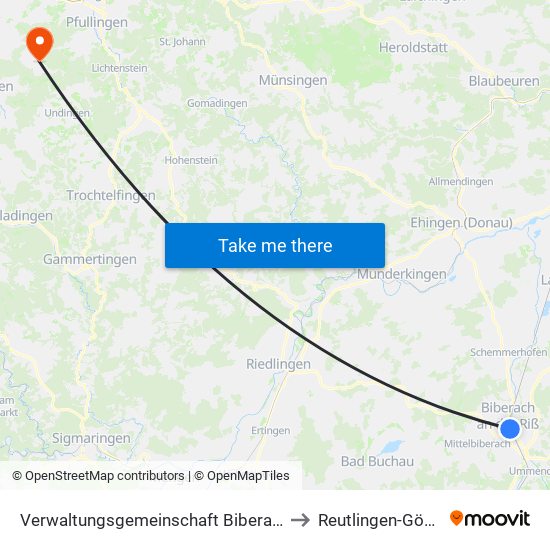 Verwaltungsgemeinschaft Biberach An Der Riß to Reutlingen-Gönningen map