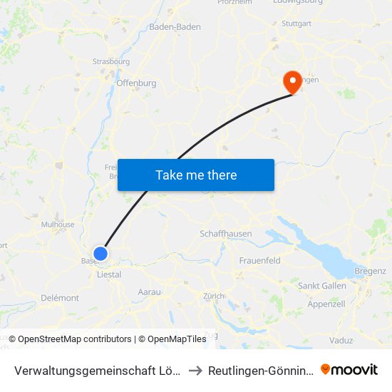 Verwaltungsgemeinschaft Lörrach to Reutlingen-Gönningen map