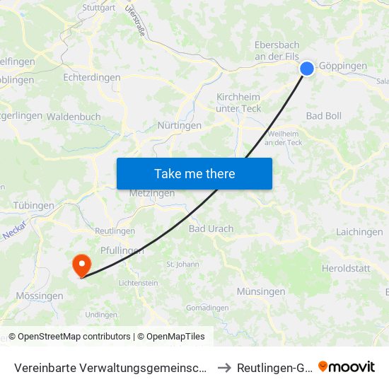 Vereinbarte Verwaltungsgemeinschaft Der Stadt Uhingen to Reutlingen-Gönningen map