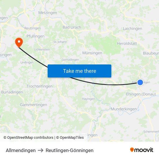 Allmendingen to Reutlingen-Gönningen map